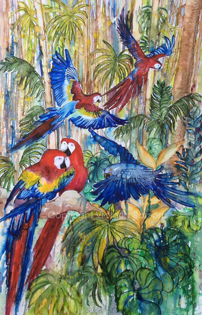 painting of parrots made with Diamine inks