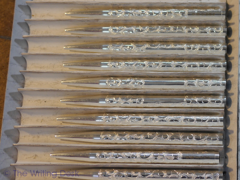victorian pattern on yard-o-led silver pen barrels